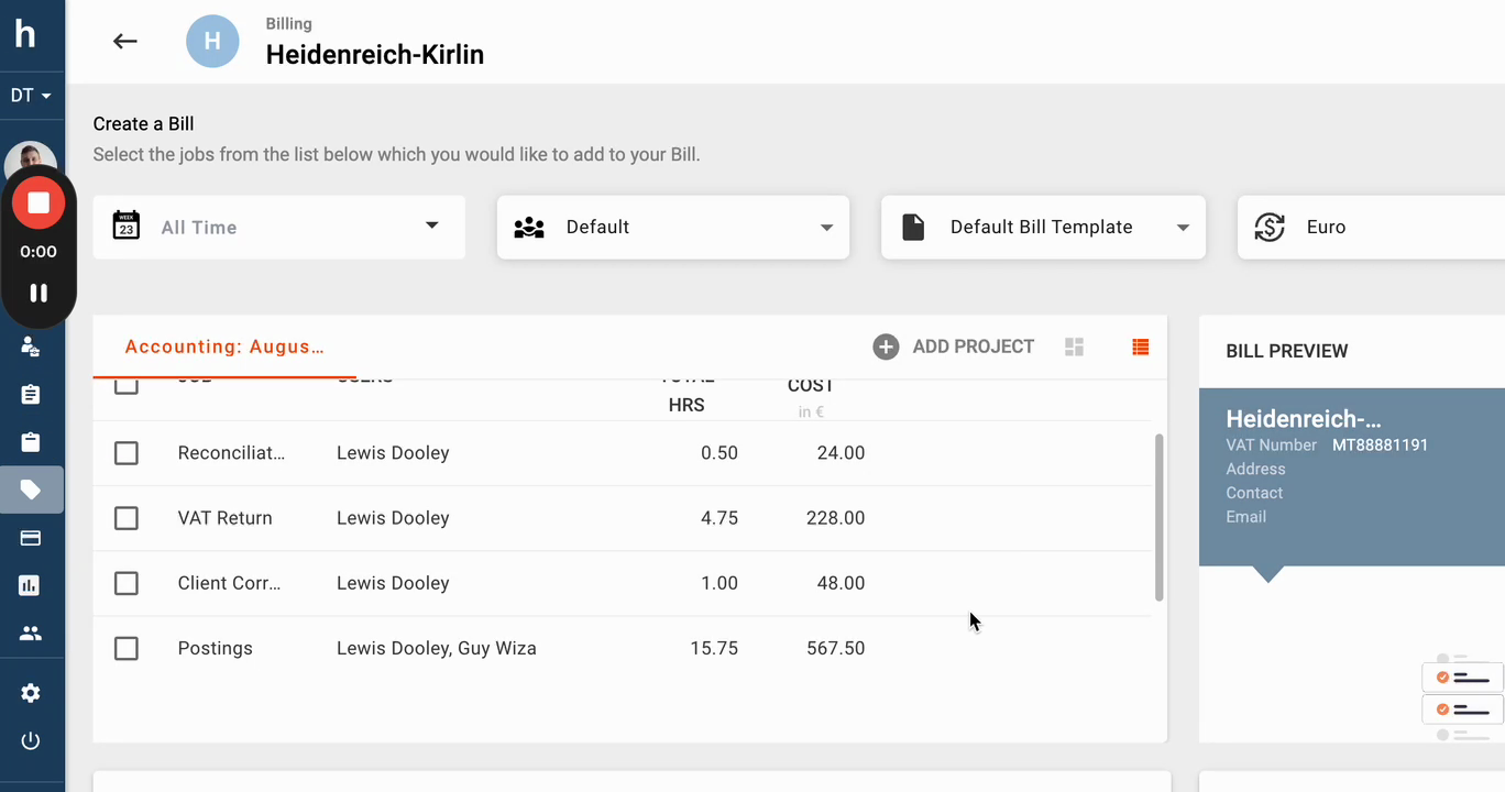 Bill creation screen with job list