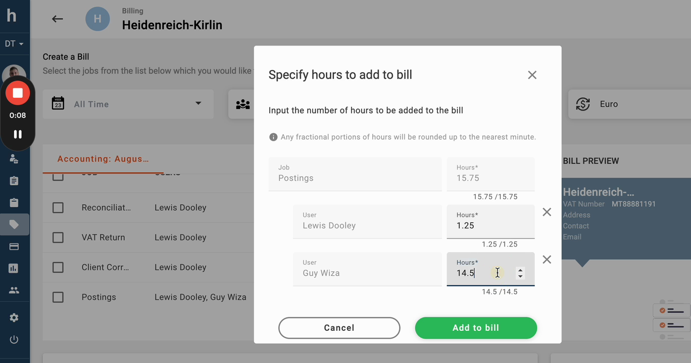 Specify hours dialog