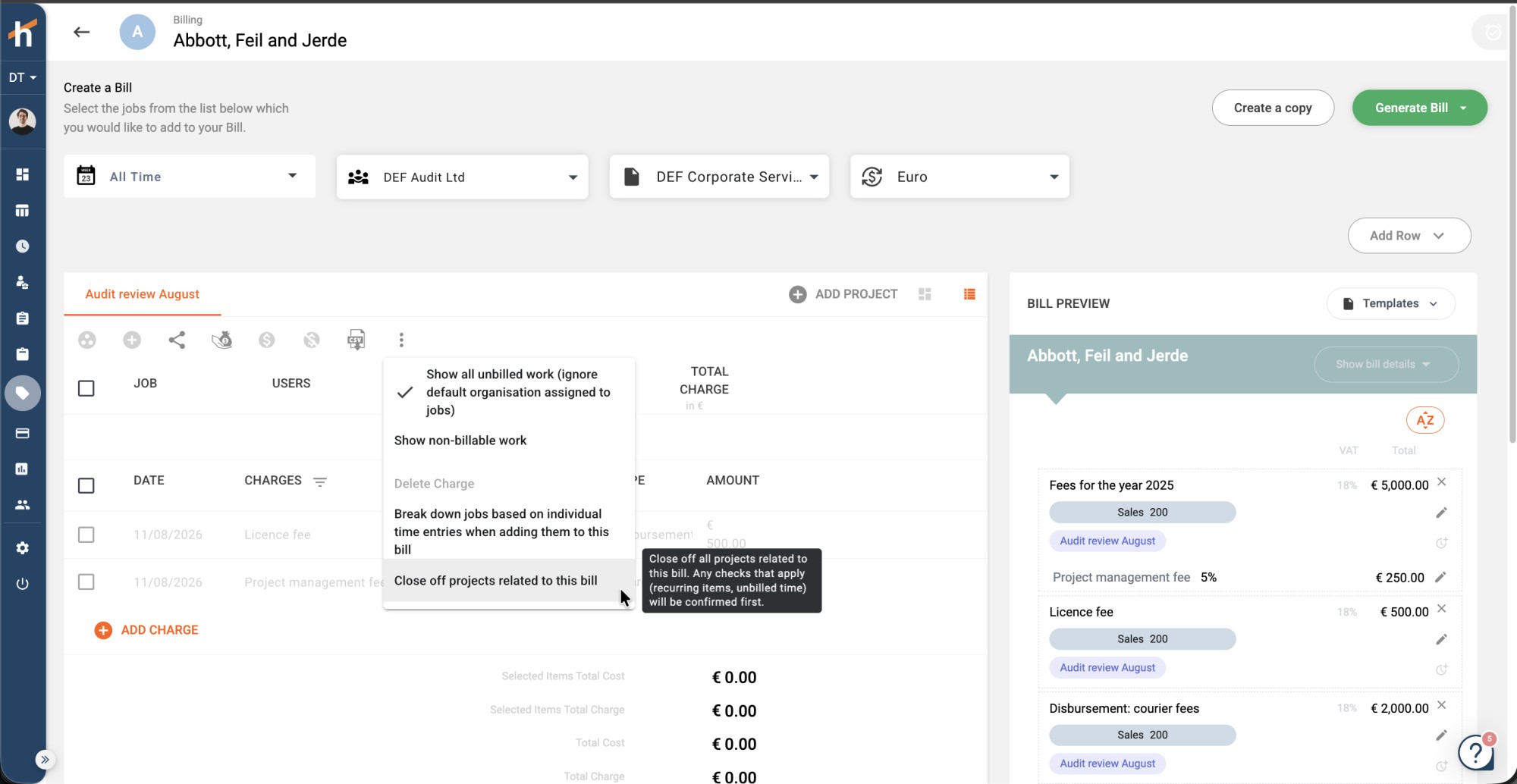 Closing off projects from the More Options menu on the bill page