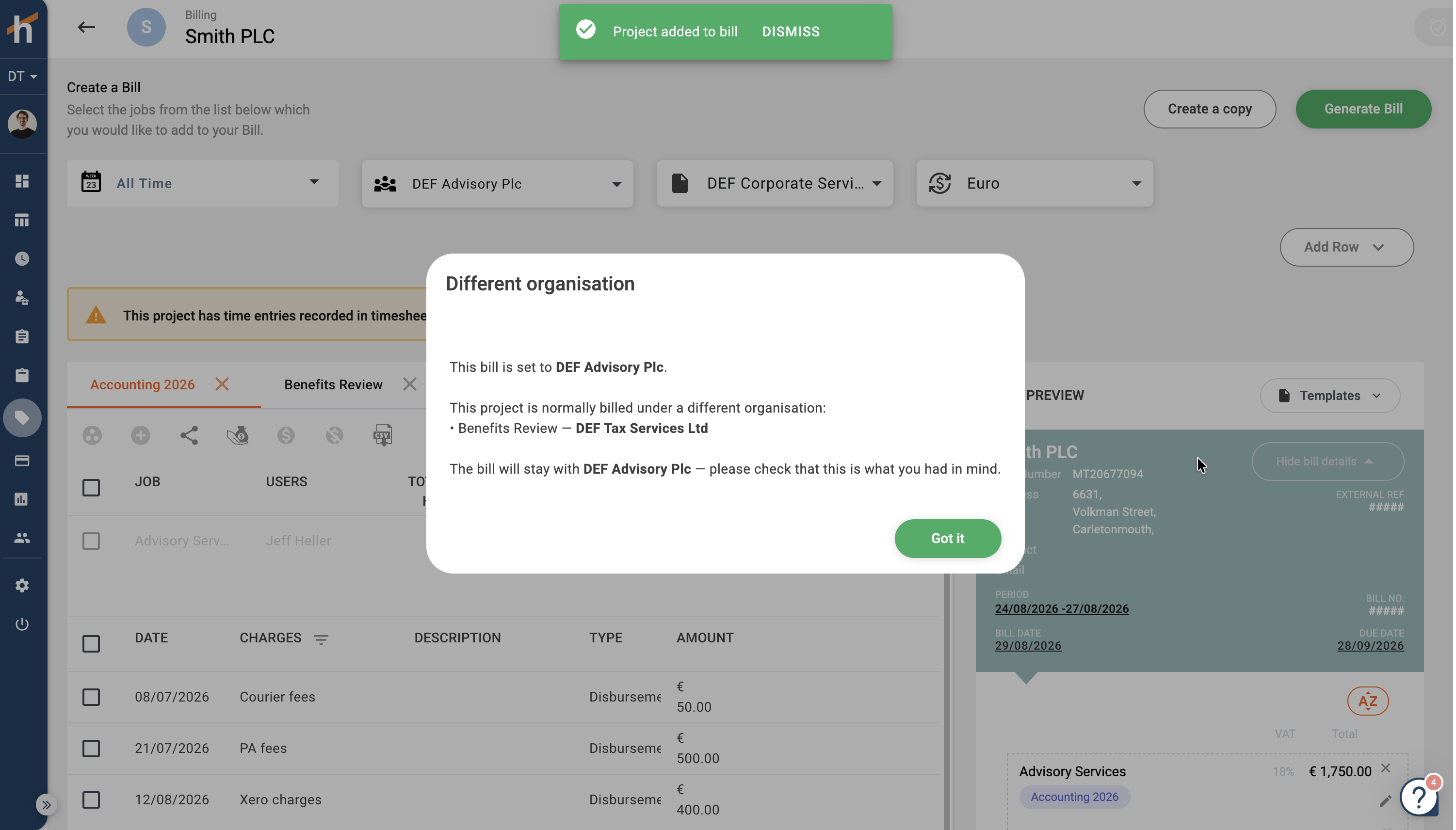 The "Different organisation" warning shown when adding a project billed under another organisation