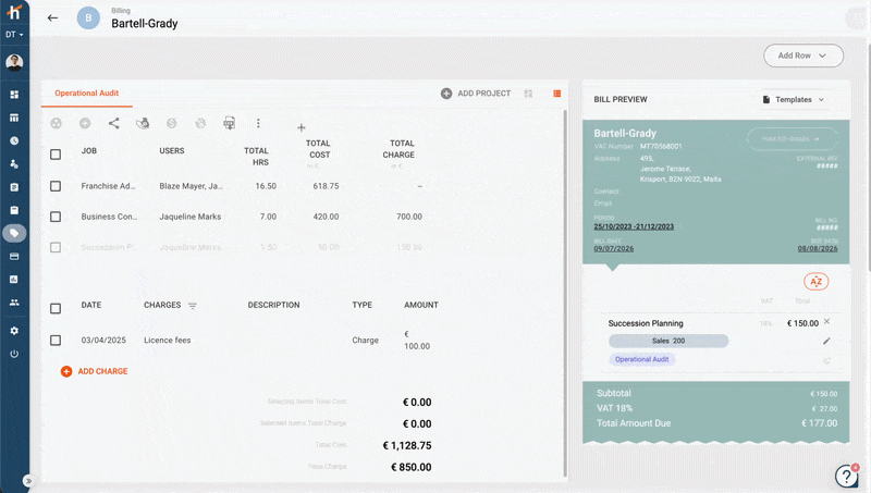 Per-bill time entry options in the More Options menu