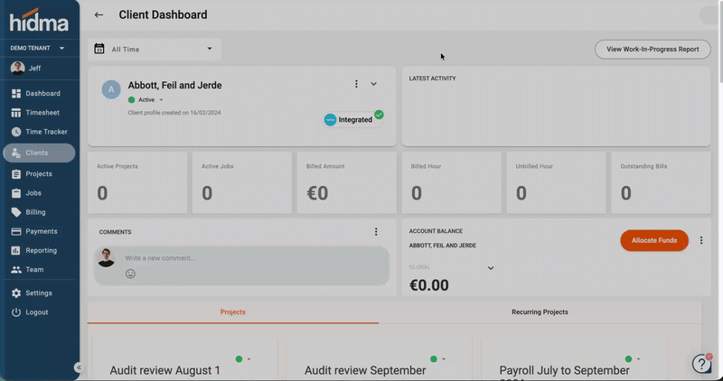 The Recurring Projects tab on a client dashboard