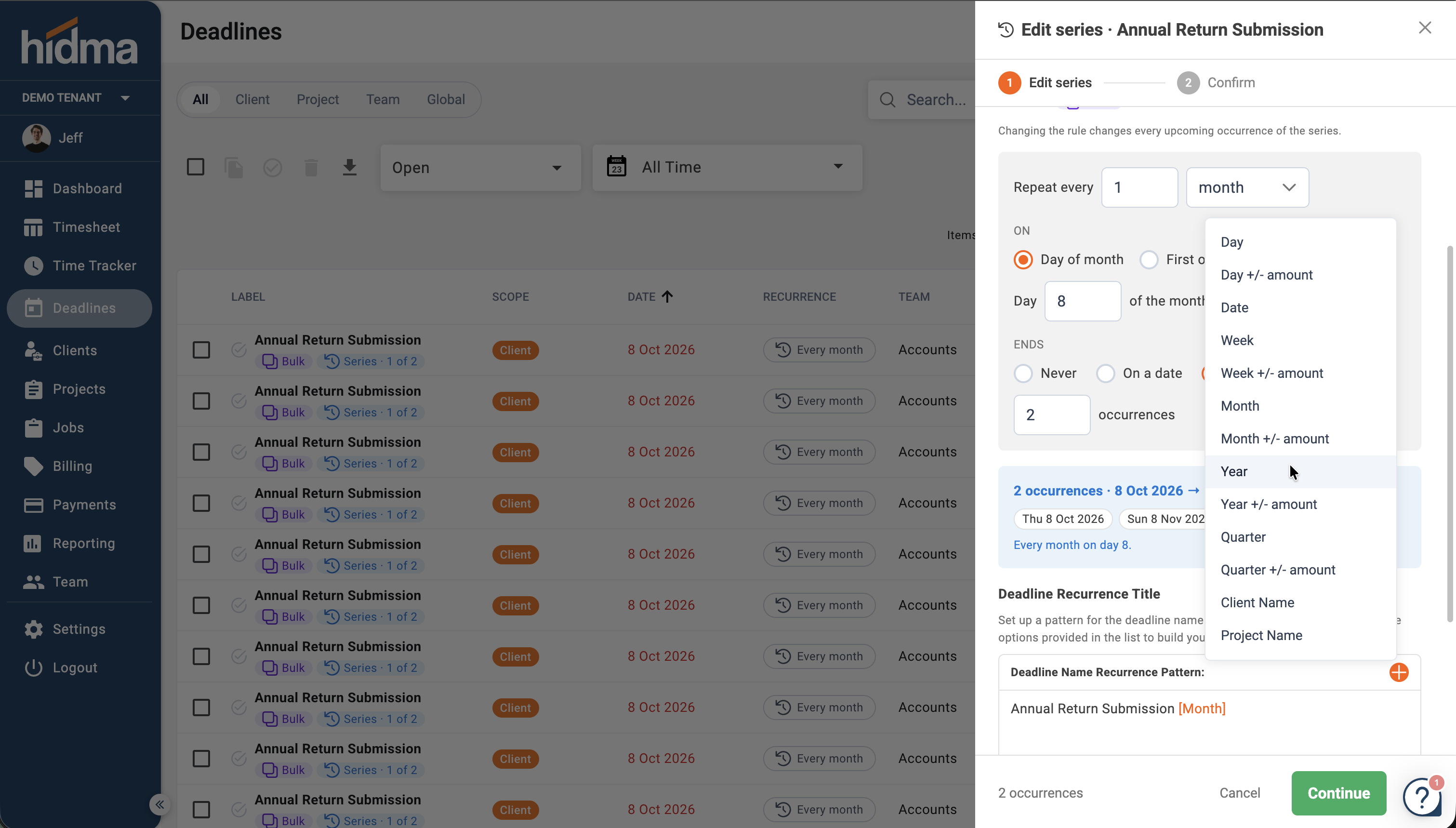 Adding a placeholder to a recurring deadline's name