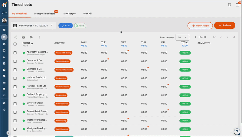 Pressing A on the Timesheets page opens a new time entry
