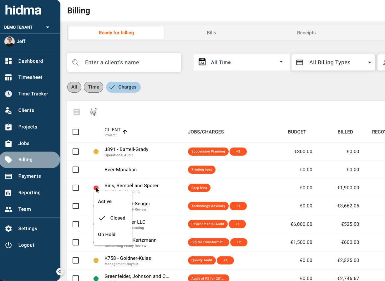 Changing a project's status from the inline status dropdown