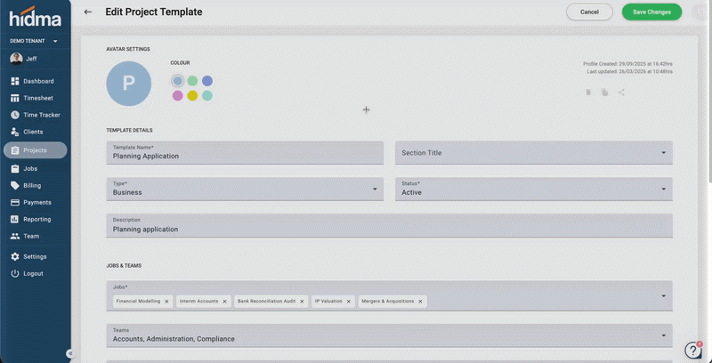 The extended Edit Project Template screen, showing default team, financials, and budgets