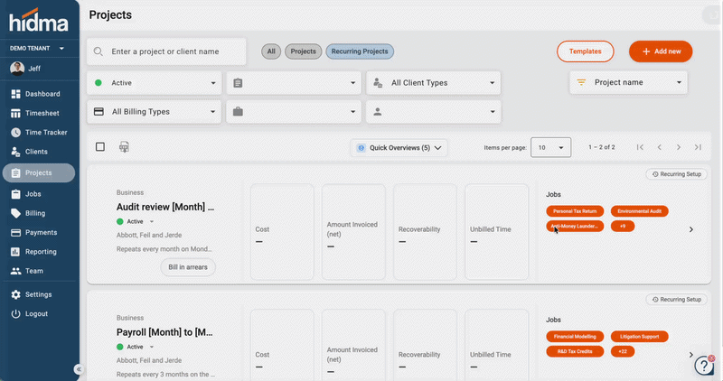 Adding bills, recurring bills, and charges to an existing recurring project