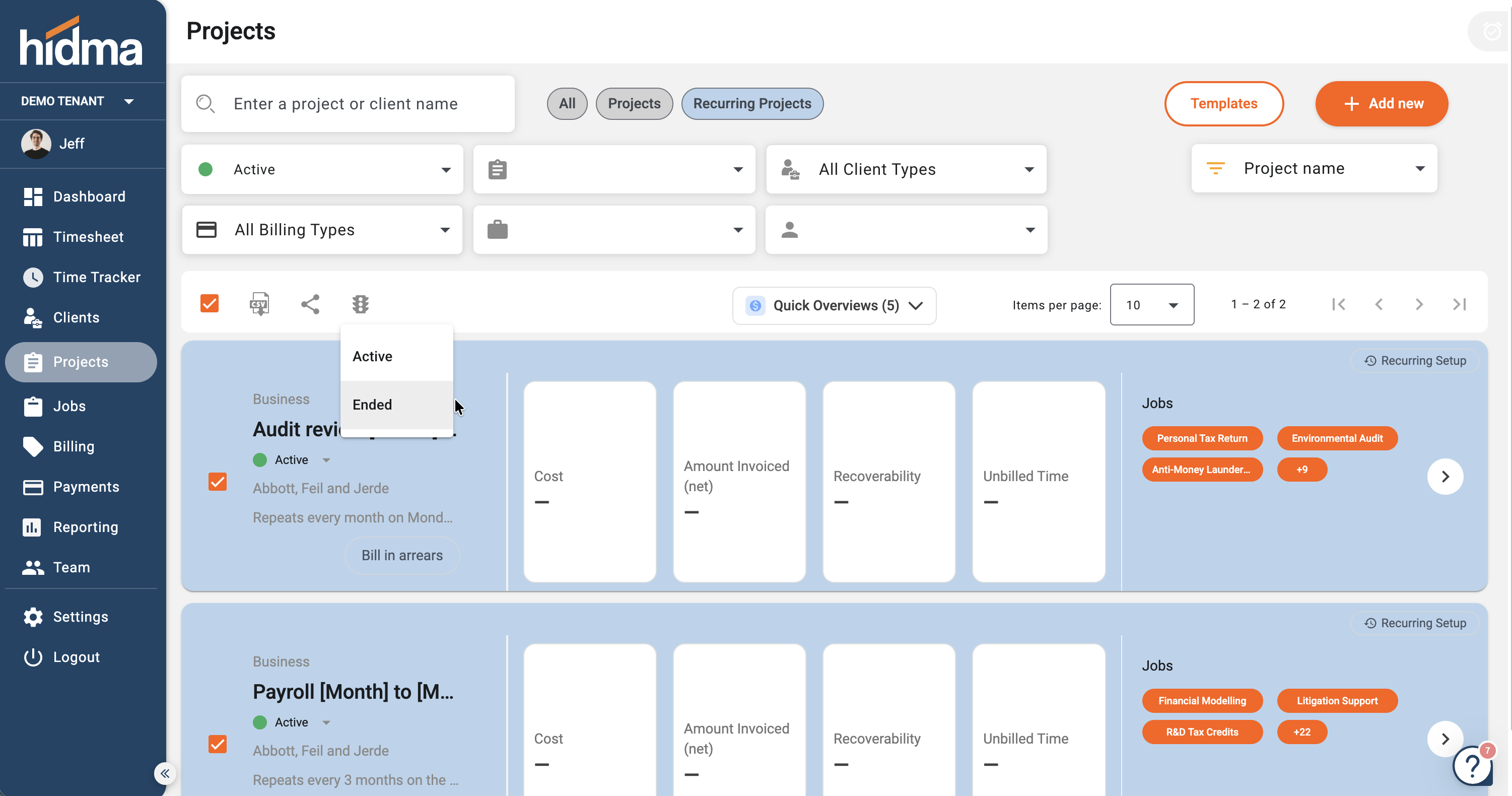 Changing the status of several recurring projects at once