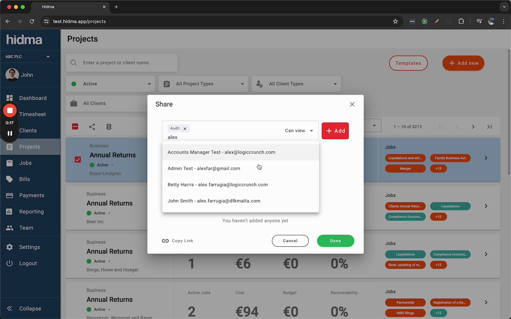 Share dialog showing search field and permission options
