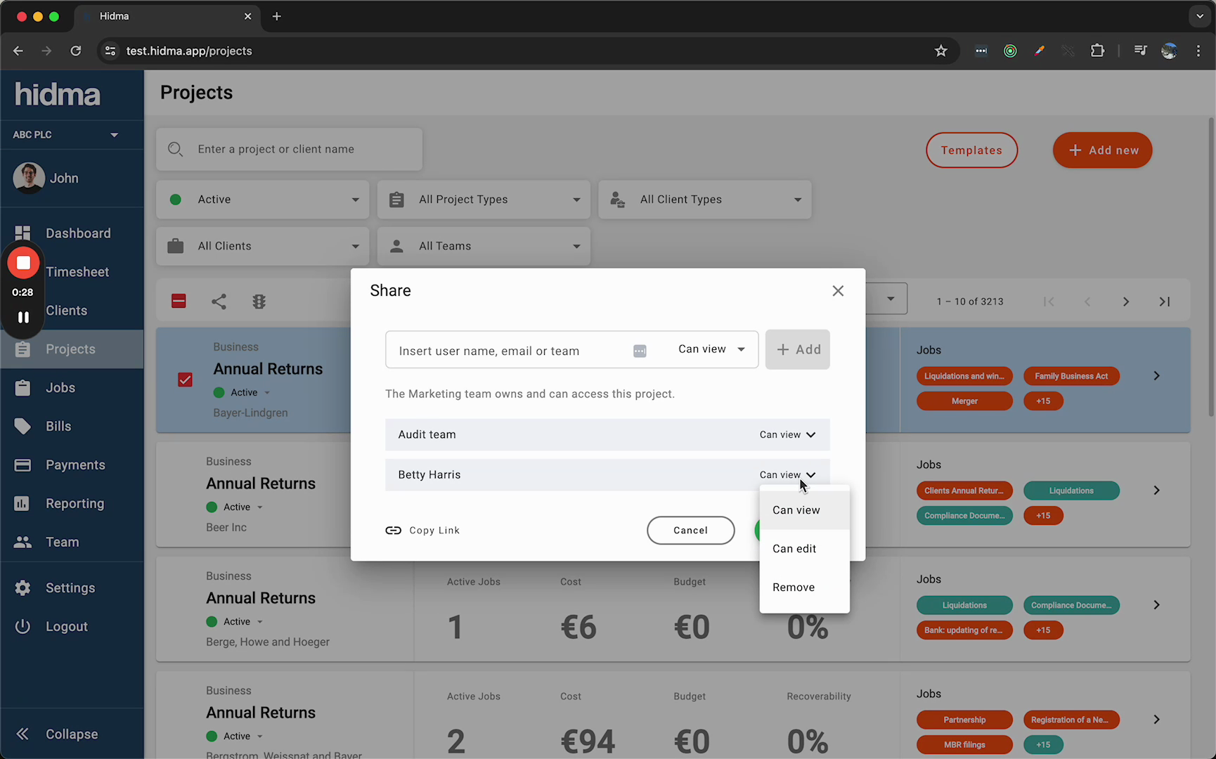 Managing permissions with the dropdown showing Can view, Can edit, and Remove options