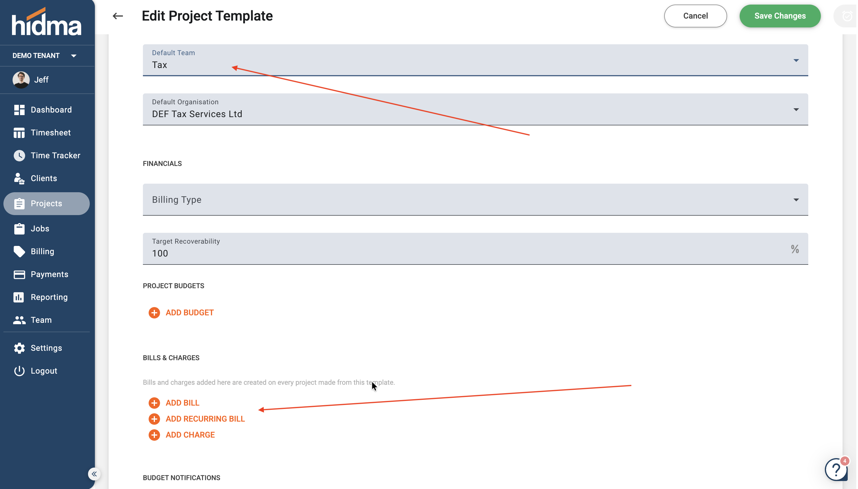 Default Team and the Bills & Charges section on the Edit Project Template screen