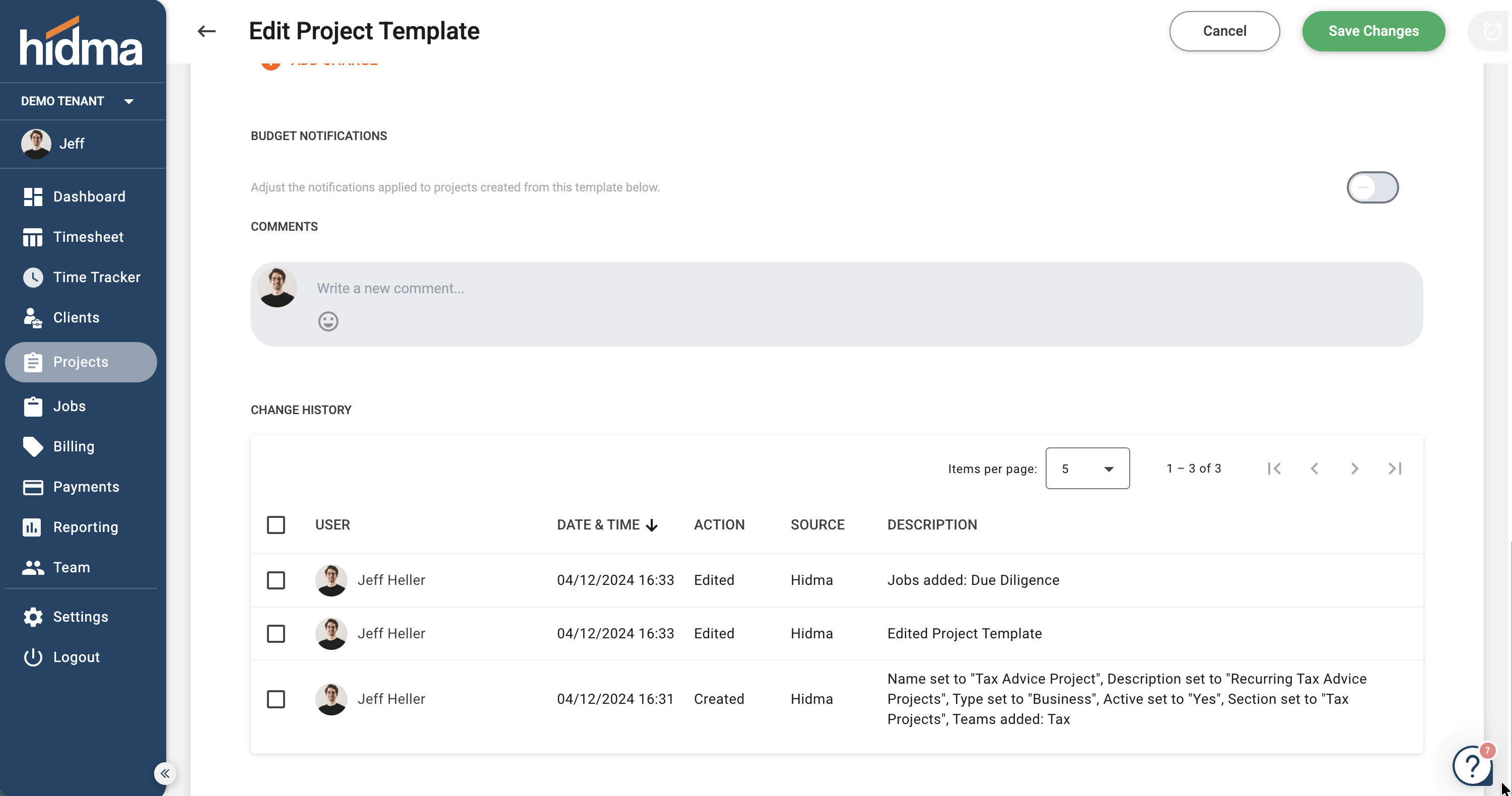 Change History on a project template