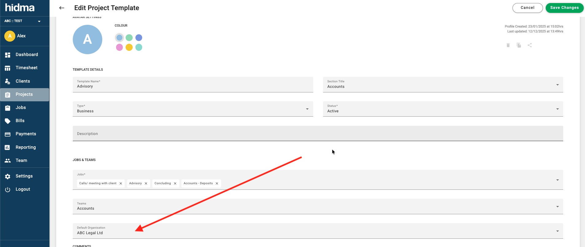 Setting default organization for project templates