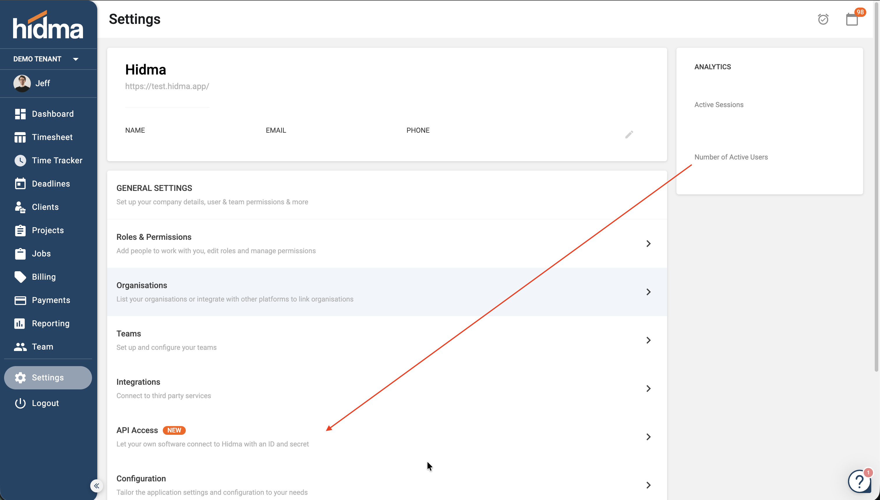 API Access in Settings