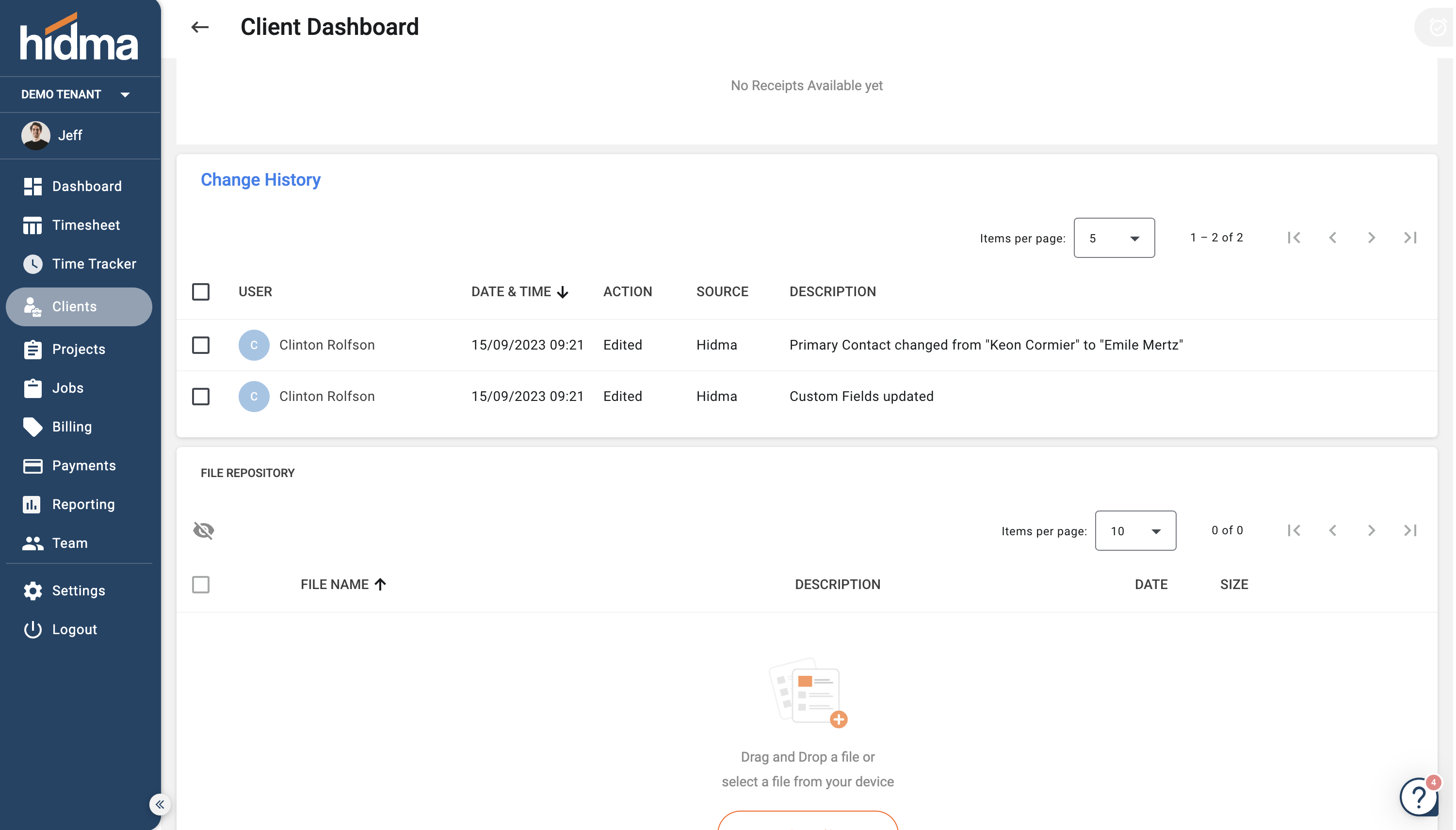 The Change History panel on a client dashboard