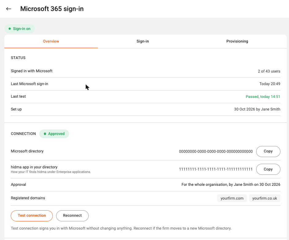 The Overview tab after connecting, showing the connection as Approved