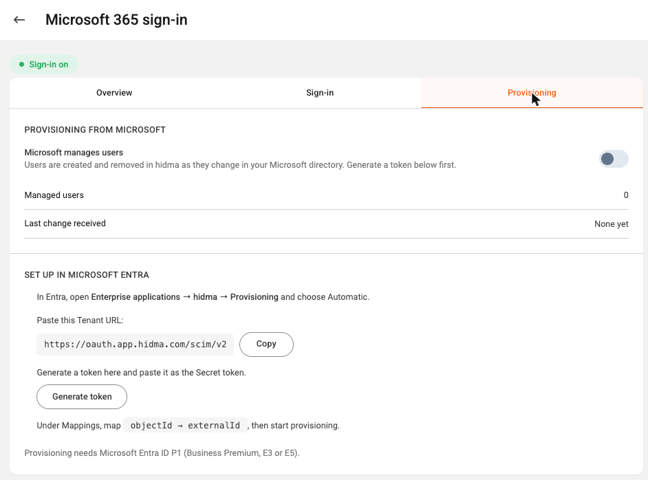 The Provisioning tab with the Tenant URL and Generate token button