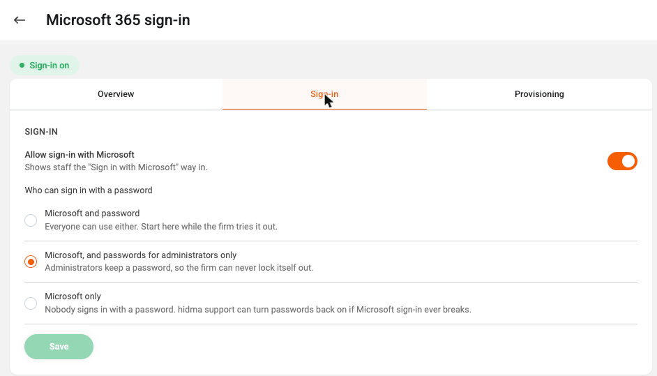 The Sign-in tab with the three password options