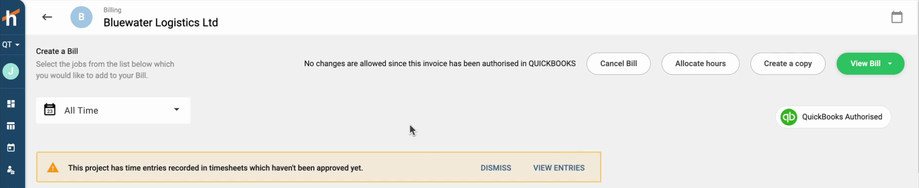 A bill marked QuickBooks Authorised, which can no longer be changed