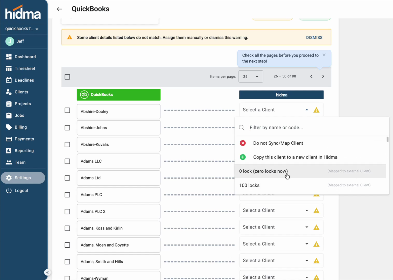 Matching QuickBooks clients to hidma clients, with the options to copy or not sync a client