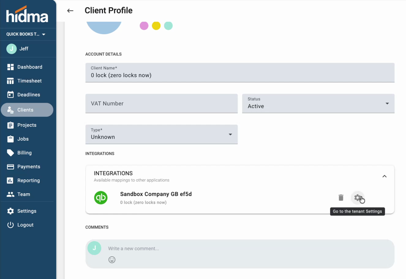 A client profile showing its link to the QuickBooks company