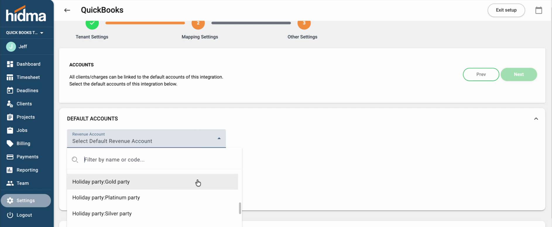 Choosing the default revenue item in the Accounts step