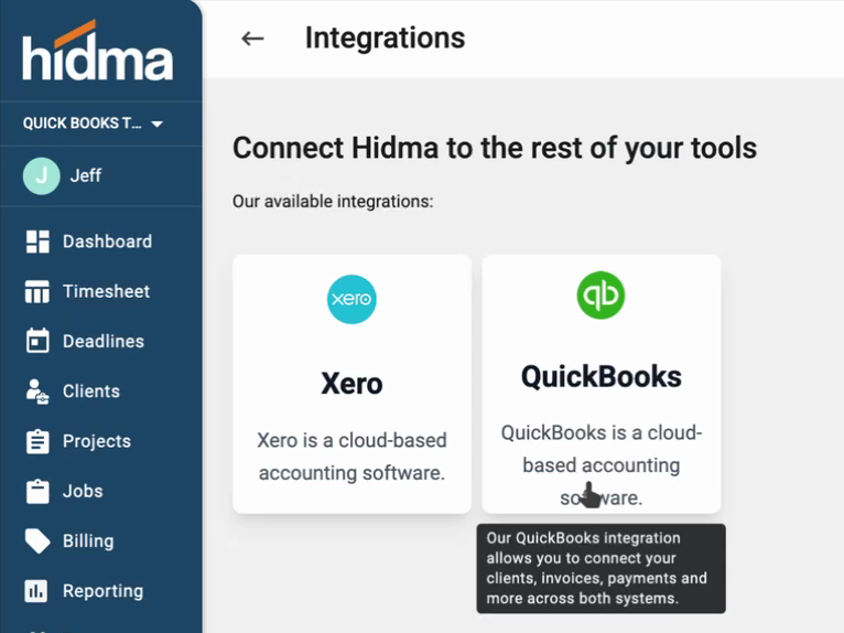 The QuickBooks card on the Integrations page