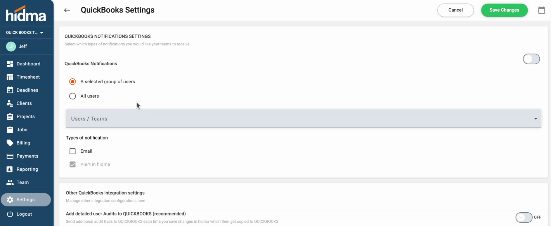QuickBooks Settings: notifications and the detailed audit trail option