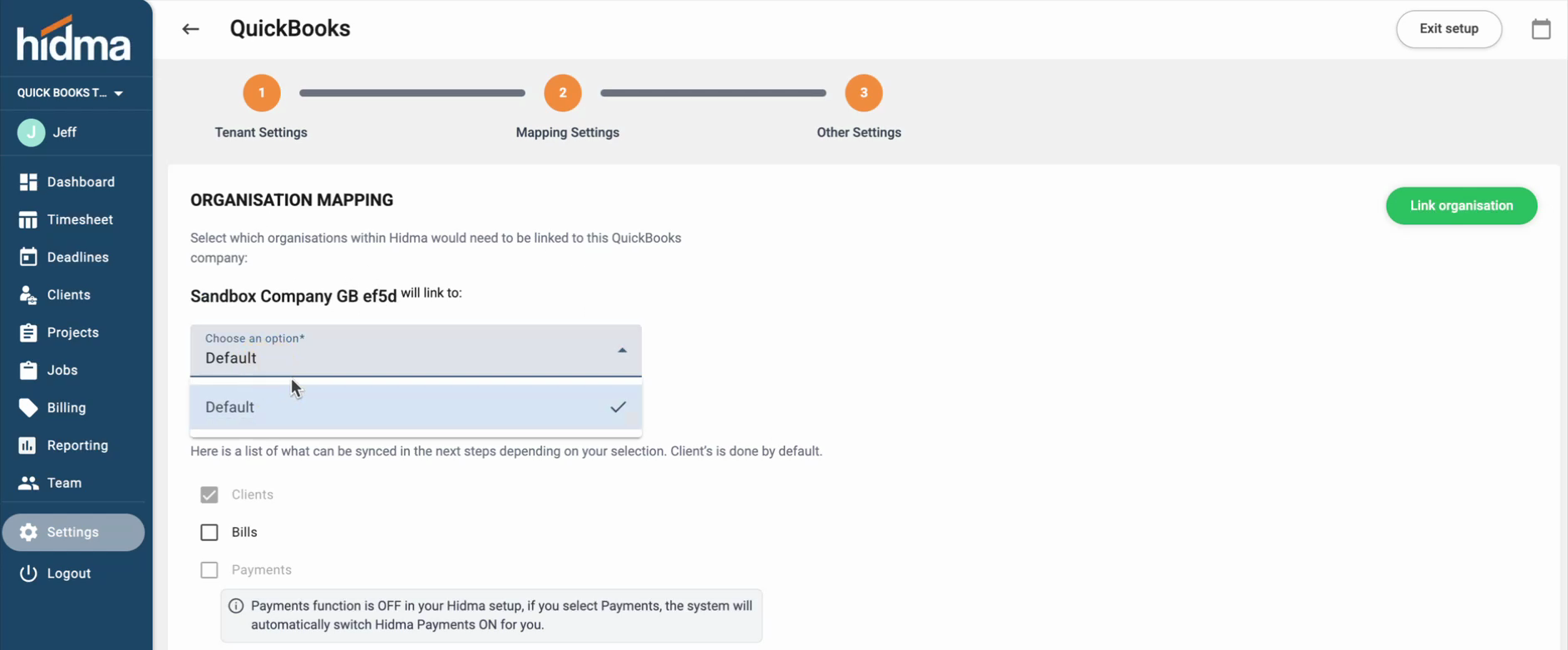 Tenant settings: choosing the hidma organisation and what to keep in step