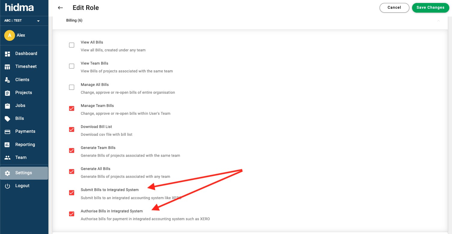XERO billing permissions