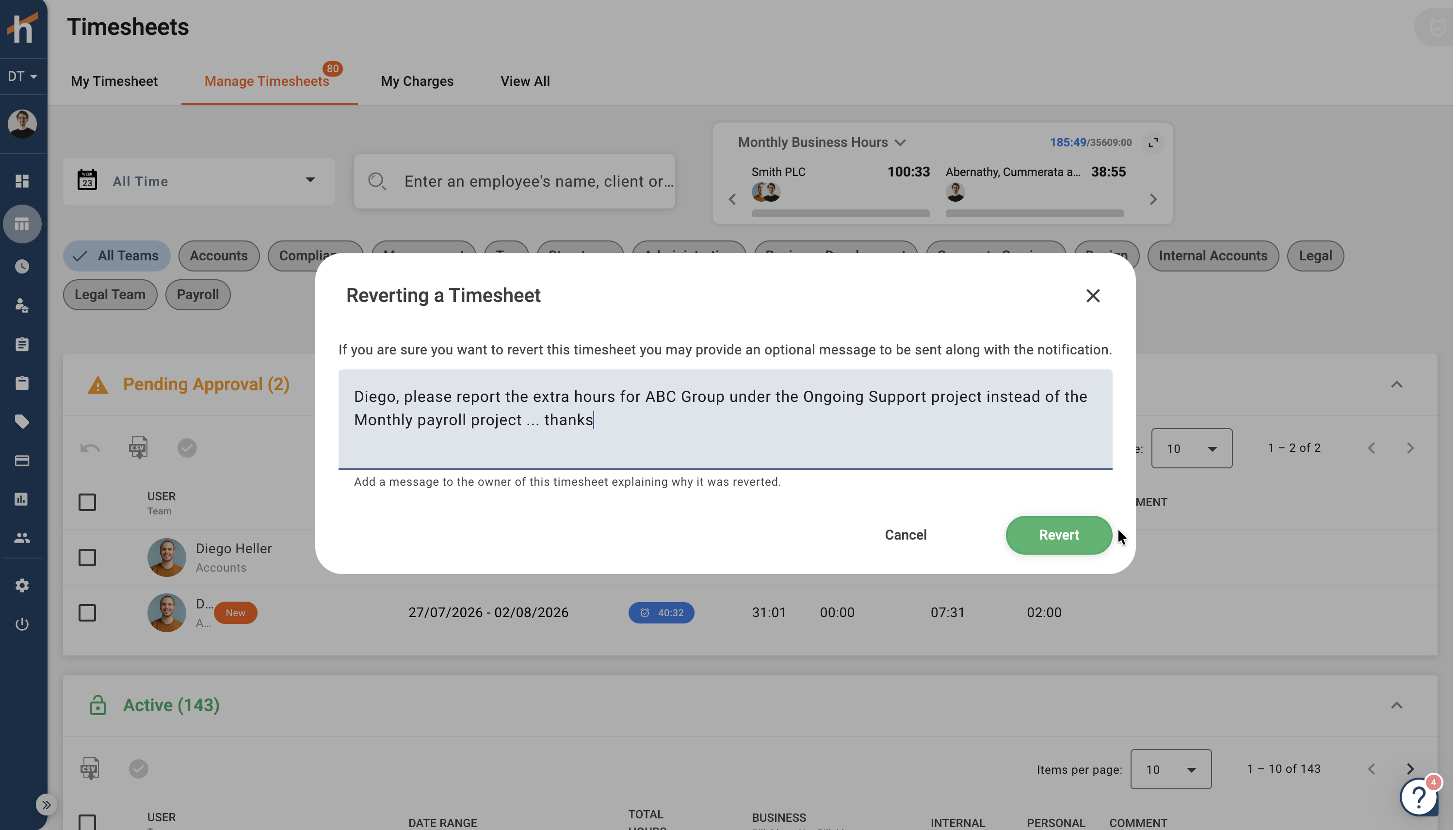 Adding an optional message when reverting a timesheet