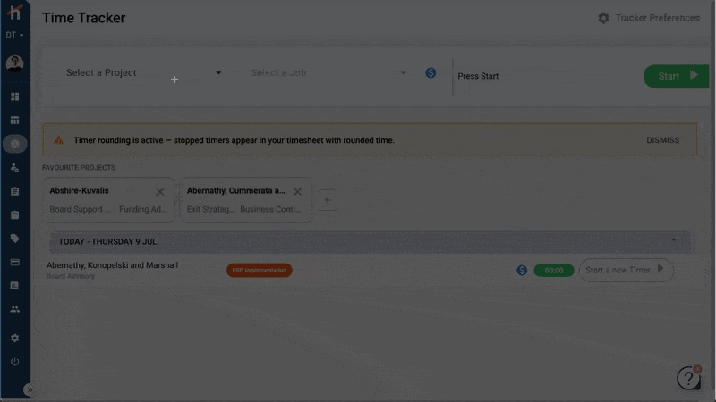 Selecting the Internal project and an internal job on the Time Tracker